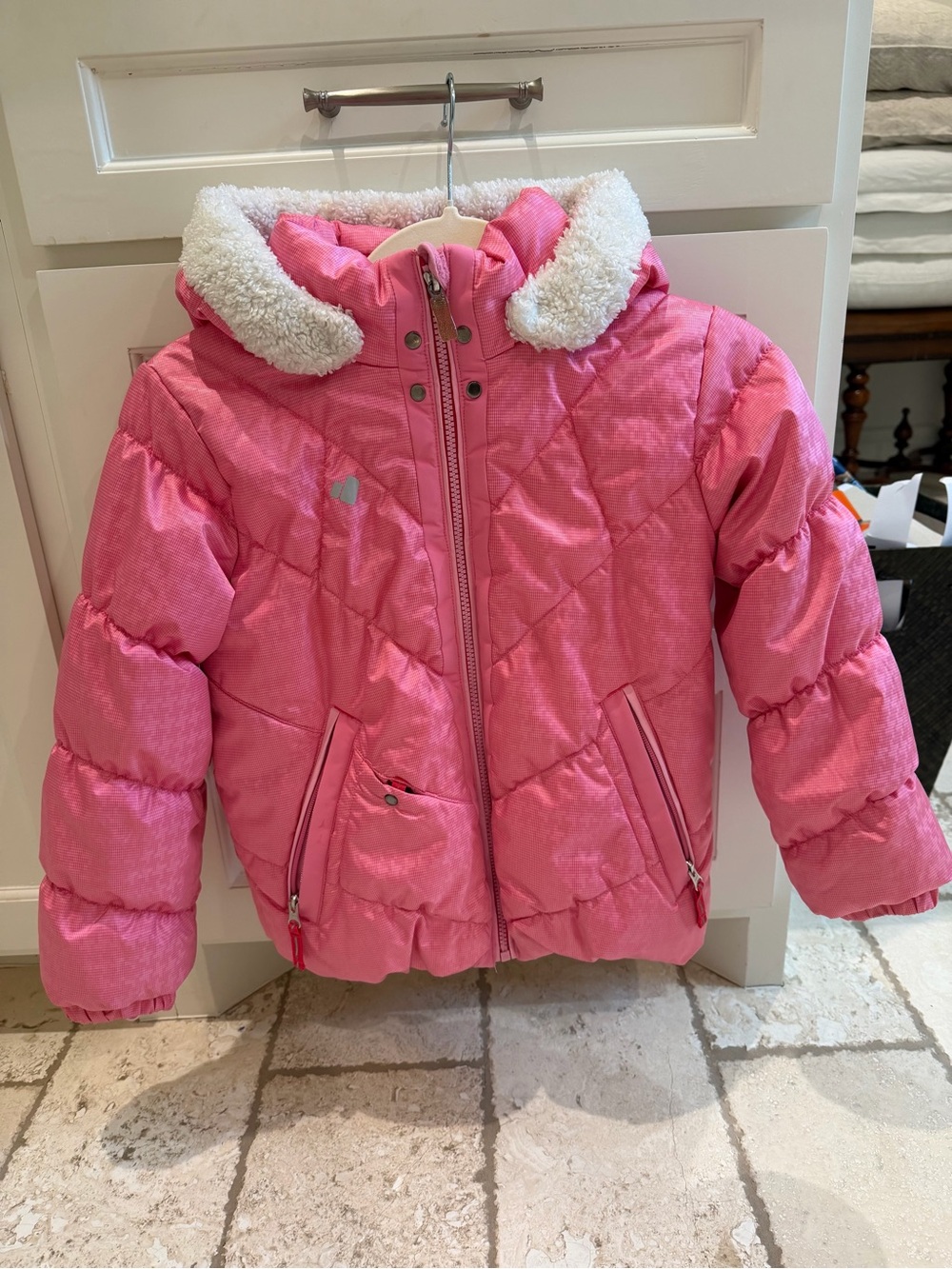 Obermeyer Girls' Pink Puffer Jacket with Sherpa Hood